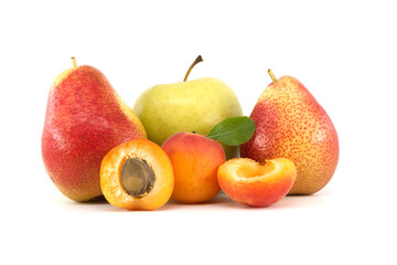 Multivitamin and juicy rich fruits over white background