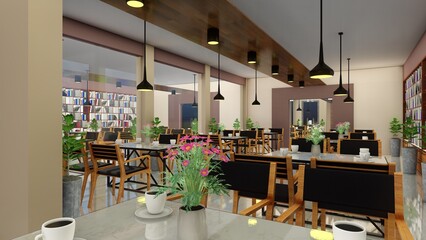 interior design, modern restaurant with bookshelves and windows background. 3d renders