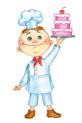 drawing of a young chef with a cake on a dish in his hand. Illustration for a children's book, restaurant menu or culinary website.