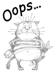 Drawing of a cat with a surprised expression in a graphic style. He was caught at the scene of the crime. Illustration for a children's book.