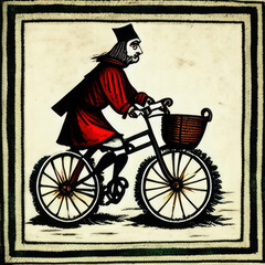 man riding a bicycle in medieval style