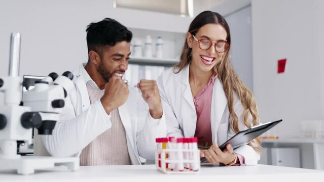 Scientist team, high five and blood sample with tablet in a laboratory for medical research. Success, dna testing and lab project with a happy pharma and hospital group with healthcare analysis check