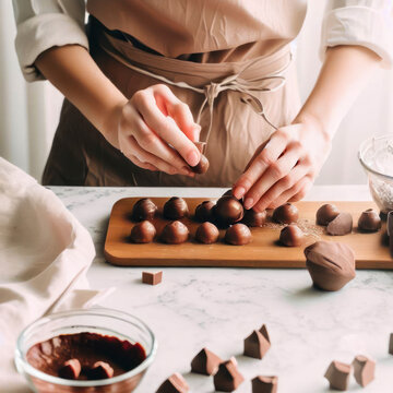 Homemade chocolate truffle candy, food photography, generative AI illustration