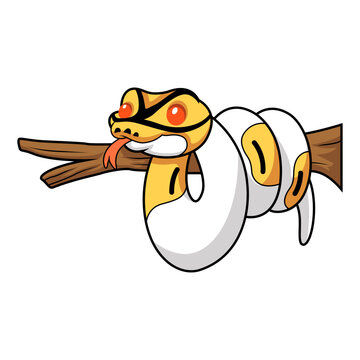 Cute albino pied ball python cartoon on tree branch