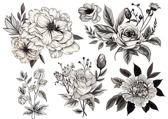 Fototapeta premium Elegant Bouquet Flower and Leaves Line Art Ornament Collection, Generative AI