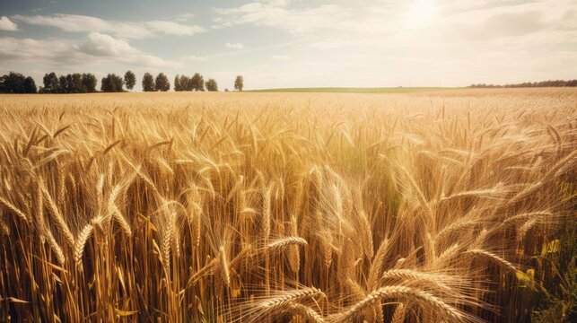 Golden wheat field and sunny day. Generative AI