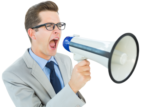 Geeky businessman shouting through megaphone - Powered by Adobe