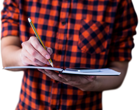 Mid section of man with mobile phone writing on notebook  - Powered by Adobe