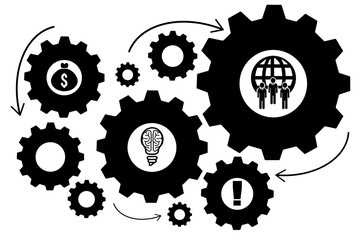 Black cog with symbols against white background