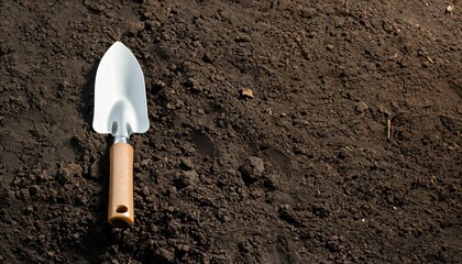 Dark earth with a silver shovel / spade on the left side. Space for text. Ideal as background.