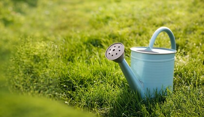 A watering can in the garden. Place for text. Ideal as a header, banner or wallpaper.