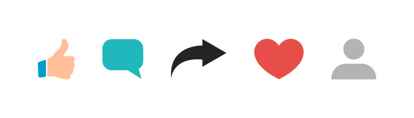 Fototapeta premium Social media icons thumb up and heart icon with repost and comment. Flat signs icons on white background. Vector