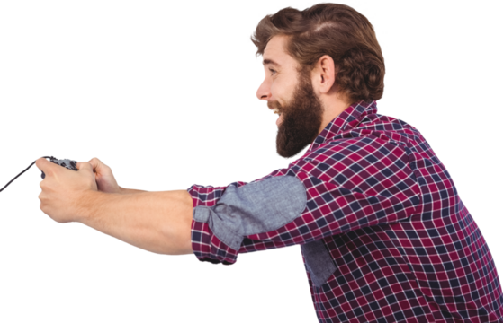 Side view of happy hipster playing video game - Powered by Adobe