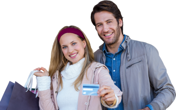 Smiling couple with shopping bags showing credit card - Powered by Adobe