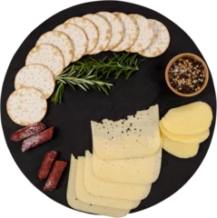 Plexiglas foto achterwand Cheese, rosemary, sausages, spices, biscuits and potatoes on slate board © vectorfusionart