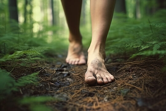 Close-up of Person's Dirty Feet Walking in The Woods on a Trail, Barefoot, Generative AI