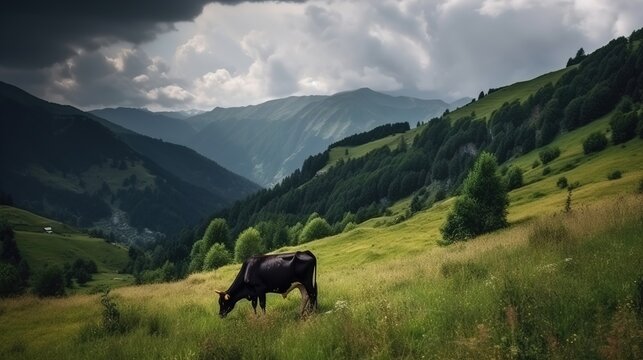 One cow grazes in a meadow against the background of beautiful picturesque nature in the mountains. AI generated