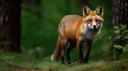 Naklejka na ściany i meble Red fox hunting, vulpes wildlife scene. Generative AI