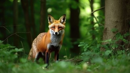 Naklejka na ściany i meble Red fox hunting, vulpes wildlife scene. Generative AI