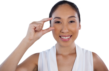 Portrait of happy businesswoman adjusting invisible eyeglasses