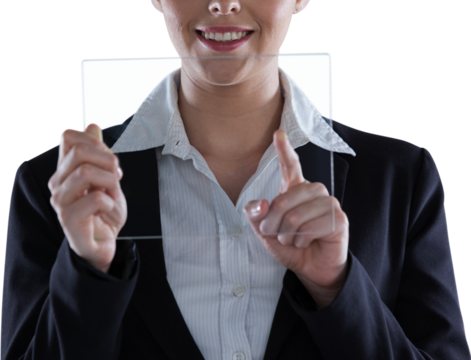 Businesswoman pretending to use digital tablet