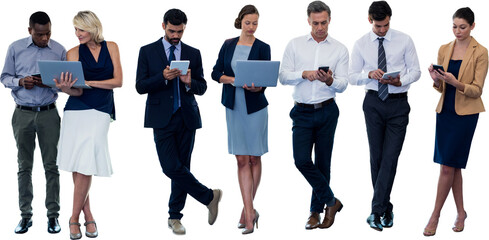 Business people using technology over white background