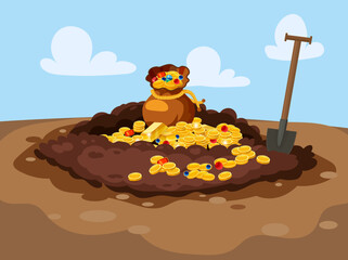 Treasure bag full of treasures, gold coins, Digging Hole in the ground, © hadeev