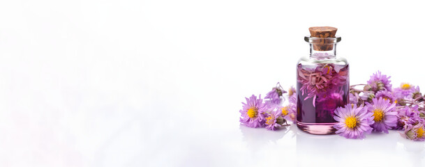 Sophisticated Essential Aster Oil in Glass Bottle with Fresh Aster Flowers isolated on white, copy space, banner, Generative AI