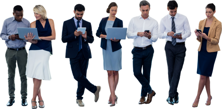 Business people using technology over white background
