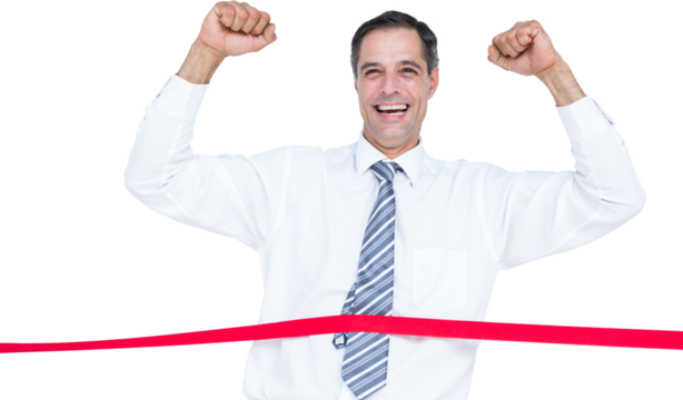 Cheerful businessman winning race - Powered by Adobe