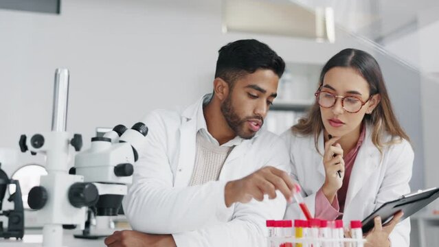 Science, talking and doctors with research sample of dna, blood or chemistry for medical innovation. Teamwork, lab and man and woman giving advice on notes for pharmaceutical development and medicine