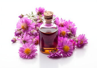 Obraz na płótnie Canvas Sophisticated Essential Aster Oil in Glass Bottle with Fresh Aster Flowers isolated on white, Generative AI