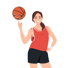 Smiling young woman athlete spin ball on finger. Happy girl basketball player play with ball. Sport and game activity