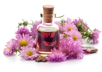 Obraz na płótnie Canvas Sophisticated Essential Aster Oil in Glass Bottle with Fresh Aster Flowers isolated on white, Generative AI