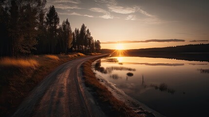 Lake and road at sunset. Generative AI