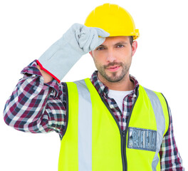 Confident handyman in reflective clothing wearing hardhat