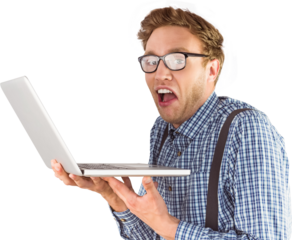 Geeky businessman using his laptop