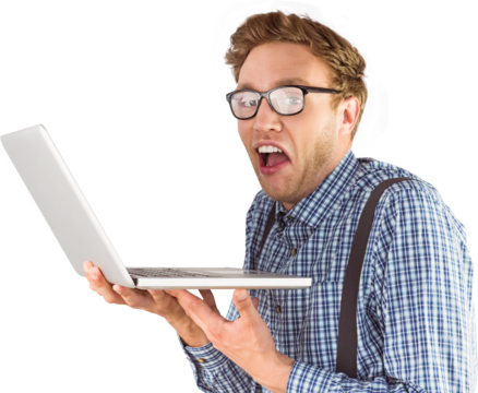 Geeky businessman using his laptop