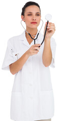 Pretty nurse listening with stethoscope