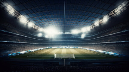 Fototapeta premium Generative AI of a large football stadium with bright lights at night