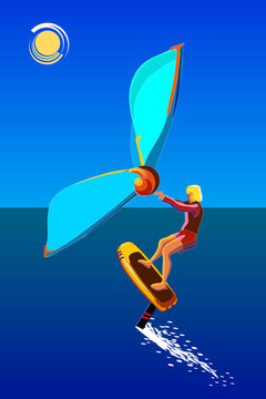 Young Man on Wing Foil surf in open ocean 