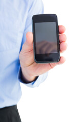 Businessman showing his smartphone to camera
