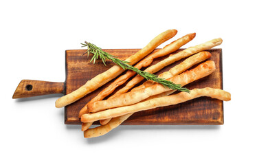 Wooden board with tasty Italian Grissini on white background