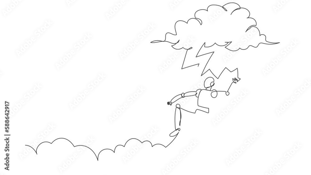 Poster animated self drawing of continuous line draw robot struck by lightning from cloud. bad luck, misery