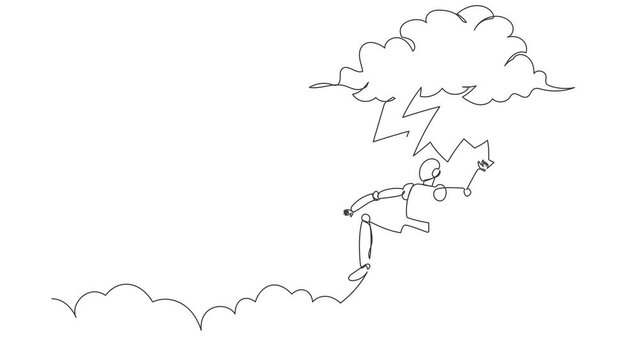 Animated self drawing of continuous line draw robot struck by lightning from cloud. Bad luck, misery, disaster. Robotic artificial intelligence. Technology industry. Full length one line animation