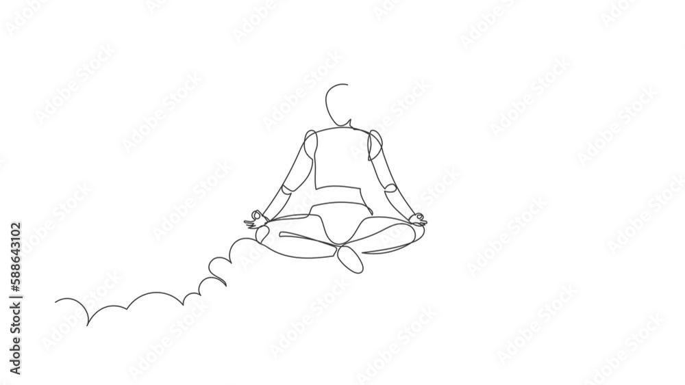 Poster animated self drawing of continuous line draw robot meditates resting in yoga position on clouds. mo