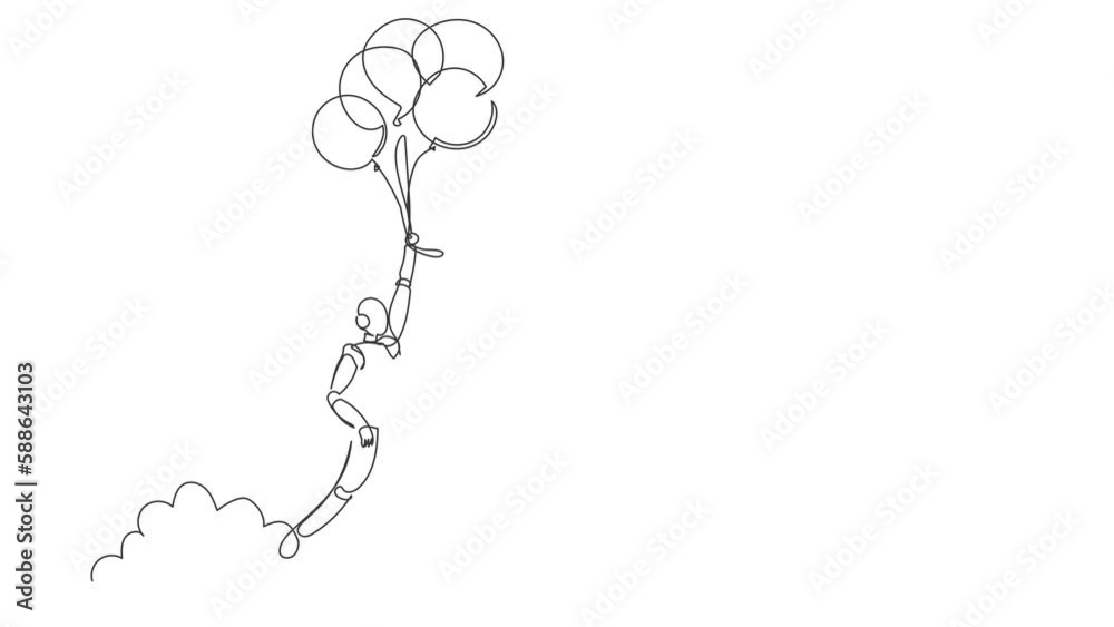Poster self drawing animation of single one line draw robot flying with balloon through cloud. reaches targ