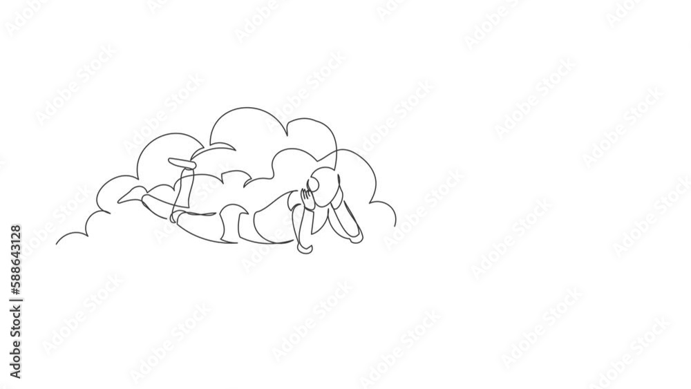 Poster animated self drawing of continuous line draw robot lay on clouds. relaxes and resting cyber machine