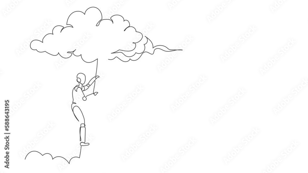 Poster animated self drawing of continuous line draw robot climbing up ladder to cloud. career path growth.