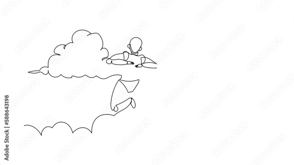 Poster animated self drawing of continuous line draw robot hang in clouds. hoping for success, winning busi